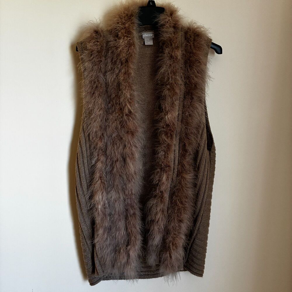 Chico's Brown Ribbed Knit Sweater Vest with Faux Fur Trim - Size XL 3